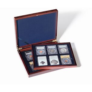 VOLTERRA Coin box for 12 slabs, 2 trays, mahogany wood grain finish