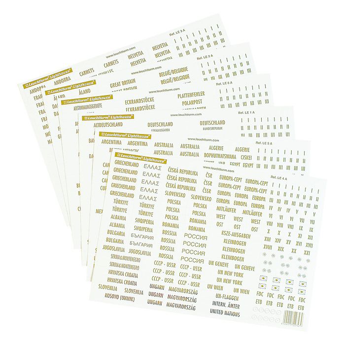 Country Labels with gold lettering, self-adhesive, various additional labels