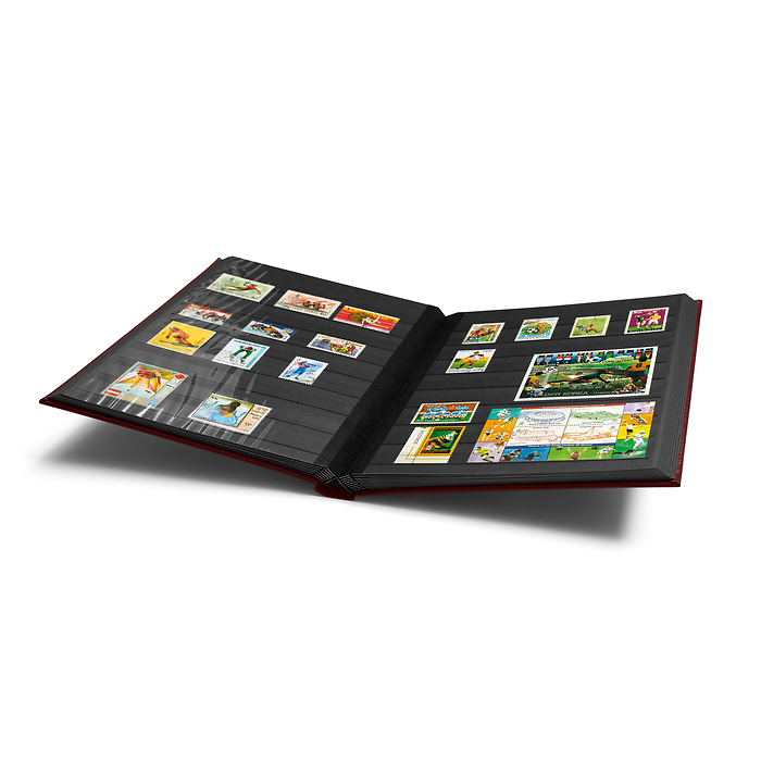 PREMIUM S32 A4 Stockbook, 32 black pages, padded leather cover, red