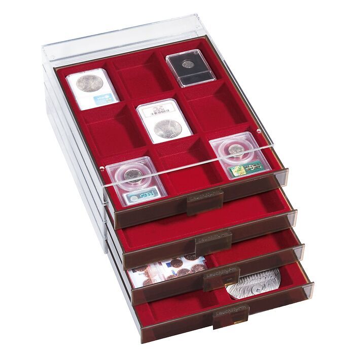 Coin Box 6 square compartments in size 86x86 mm (3 1/4 x 3 1/4 in), smoke colored