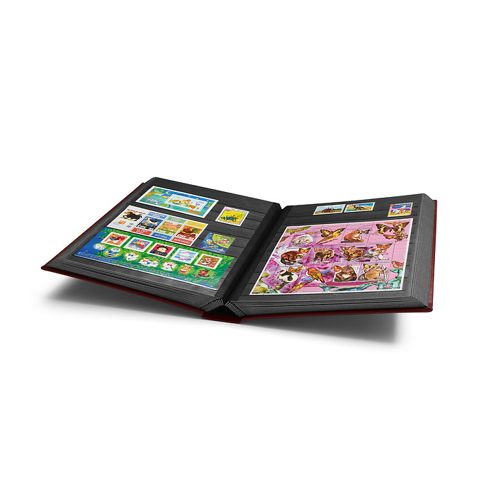 PREMIUM S64 A4 Stockbook, 64 black pages, padded leather cover, red